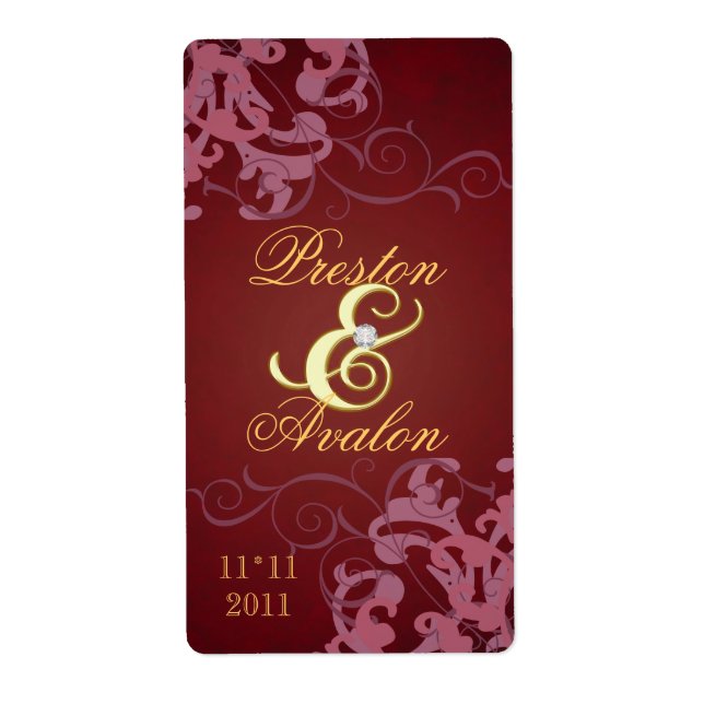 Red Swirl Gold Jewelled Wedding Wine Label (Front)