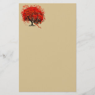 Red Swirled Heart Flower Tree on Yellow Stationery