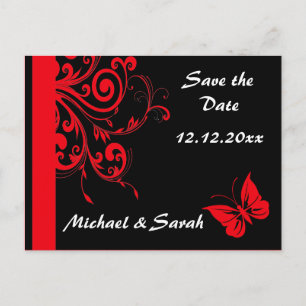 Red Swirls and Butterfly Save the Date Announcement Postcard