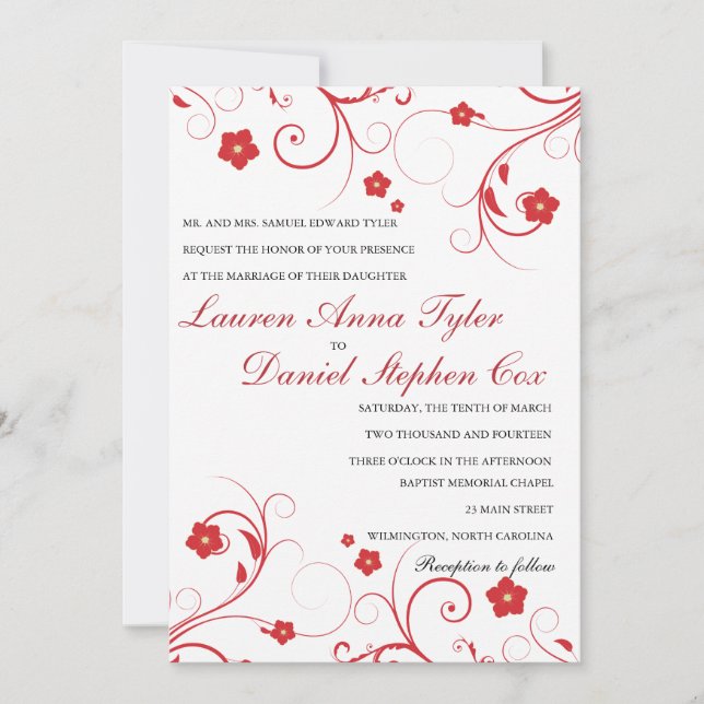 Red swirls and flowers wedding invitations (Front)