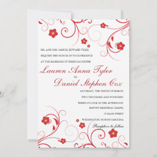 Red swirls and flowers wedding invitations
