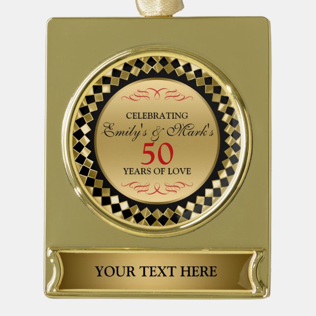 Red Swirls And Gold Diamonds- 50th Anniversary Plated Banner Ornament (Front)