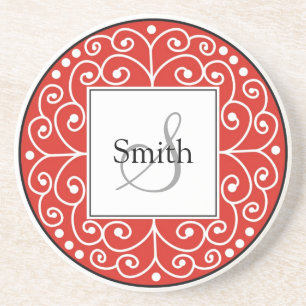 Red Swirls Monogram Personalised Wedding Coaster