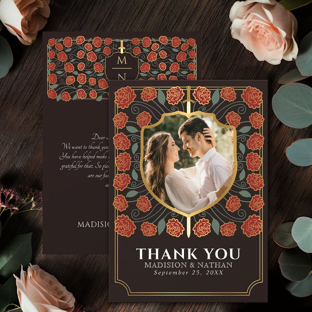 Red Sword & Shield Mediaeval Fantasy Wedding Thank You Card (Creator Uploaded)