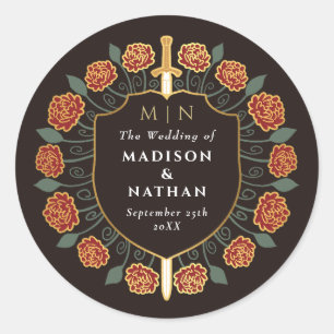 Red Sword Shield Medieval Fantasy Monogram Wedding Classic Round Sticker