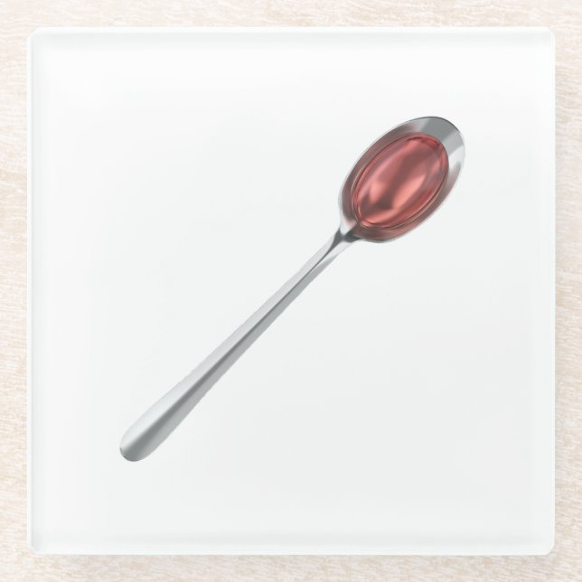 Red syrup in silver spoon glass coaster (Front)