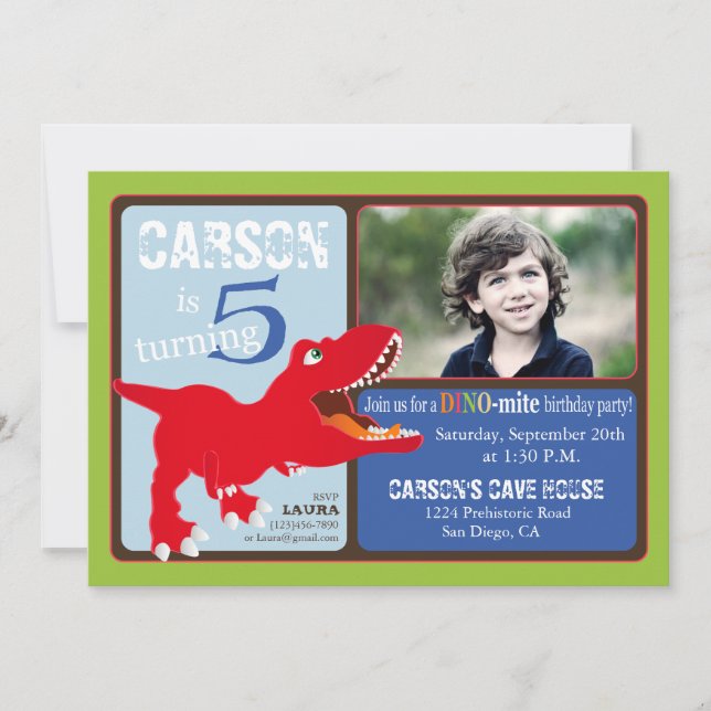 Red T-Rex Dinosaur Fifth Birthday Invitation Card (Front)