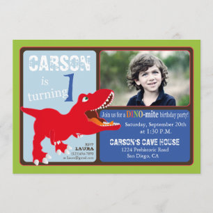 Red T-Rex Dinosaur First Birthday Invitation Card