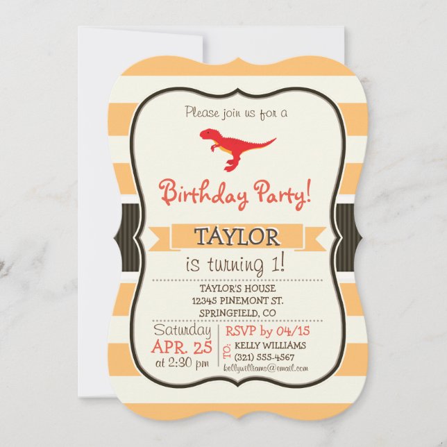Red T-Rex Dinosaur; Orange Stripes Invitation (Front)