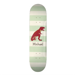 Red T-Rex on Pastel Green Stripes Skateboard