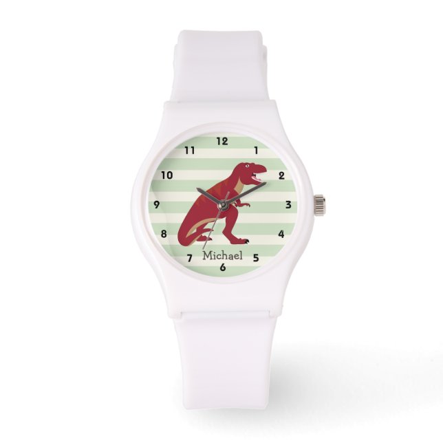 Red T-Rex on Pastel Green Stripes Watch (Front)