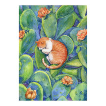 Red Tabby Cat Sleeping Among Blooming Cacti Art
