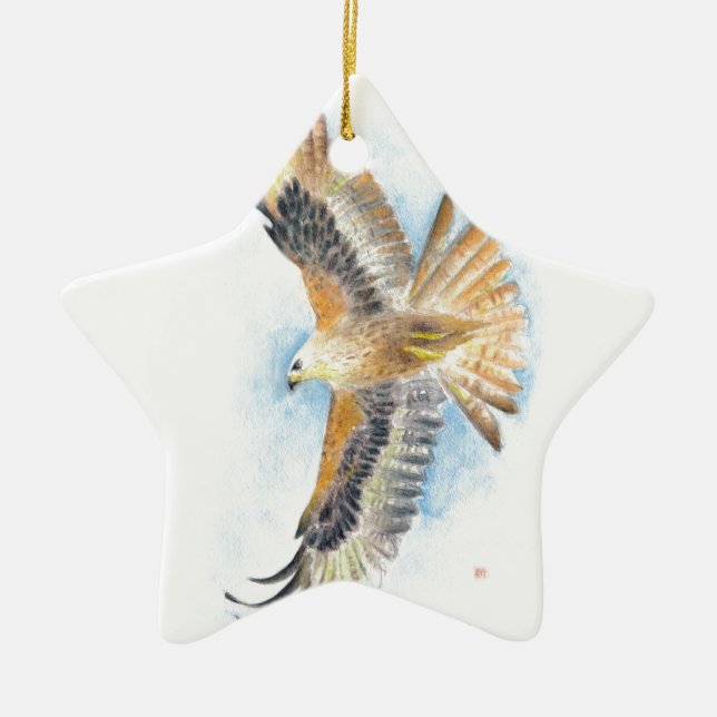 Red Tail Hawk Art Ceramic Tree Decoration (Front)
