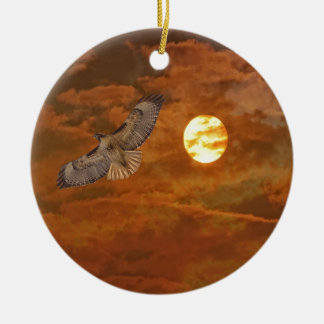Red Tailed Hawk and Red Skies Ceramic Tree Decoration