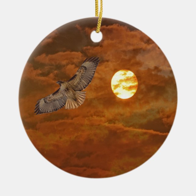Red Tailed Hawk and Red Skies Ceramic Tree Decoration (Front)