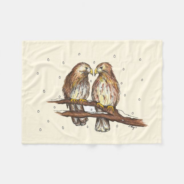 Red-Tailed Hawk Birds in Snow Christmas Lovebirds Fleece Blanket (Front (Horizontal))