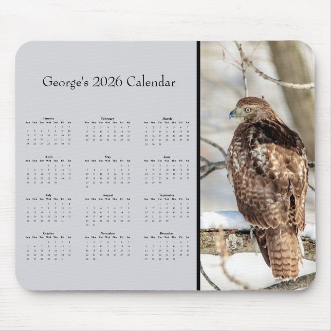 Red-tailed Hawk: Customize full year 2026 calendar Mouse Pad (Front)