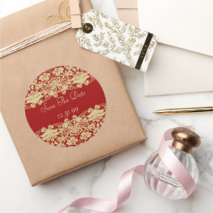 Red & Tan Ecru Save The Date Classic Round Sticker