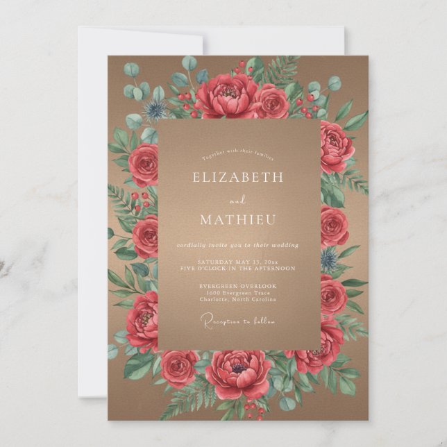 Red Tan Petal Wedding Invitation (Front)
