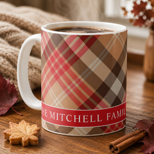 Red Tan Tartan Plaid Family Monogram Coffee Mug
