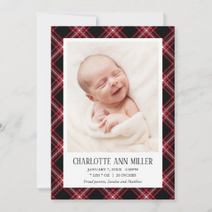 Red Tartan Baby Birth Announcement Photo Card