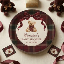 Red Tartan Bow Teddy Bear Baby Shower Paper Plates