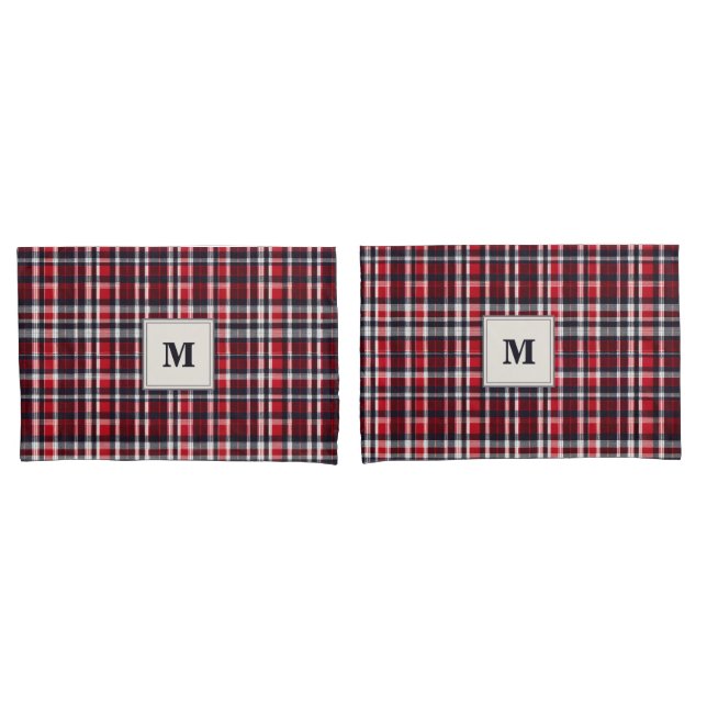 Red Tartan Check Patterned Elegant Monogrammed Pillowcase (Front-Set)