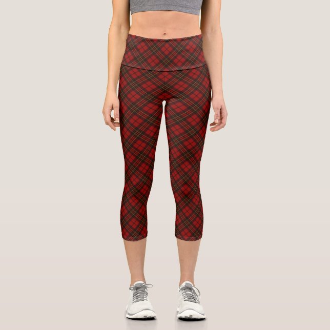 Red tartan Christmas plaid winter holidays pattern Capri Leggings (Front)