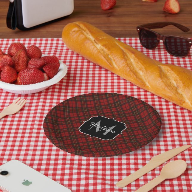 Red tartan Christmas plaid winter pattern Monogram Paper Plate (Picnic)
