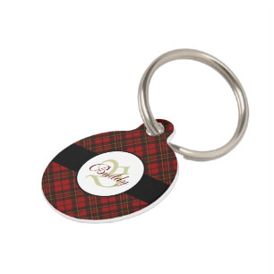 Red tartan Christmas plaid winter pattern Monogram Pet Tag
