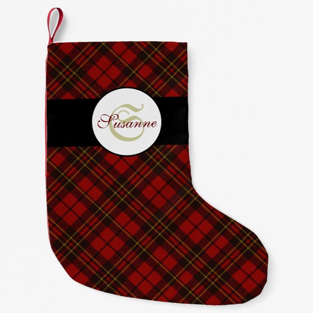 Red tartan Christmas plaid winter pattern Monogram Small Christmas Stocking (Front)