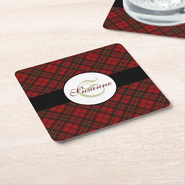 Red tartan Christmas plaid winter pattern Monogram Square Paper Coaster (Angled)