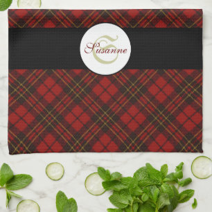 Red tartan Christmas plaid winter pattern Monogram Tea Towel