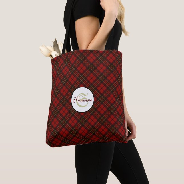 Red tartan Christmas plaid winter pattern Monogram Tote Bag (Close Up)