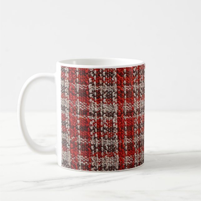 Red Tartan Fabric: Textured Background Coffee Mug (Left)