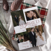 Red Tartan Married & Merry Modern Photo Newlywed
