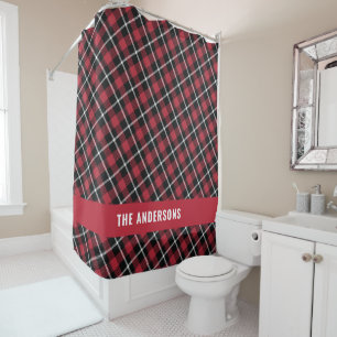 Red tartan modern rustic personalised shower curtain