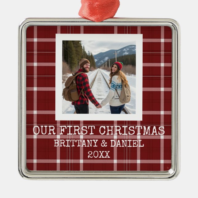 Red Tartan Our First Christmas Metal Tree Decoration (Front)