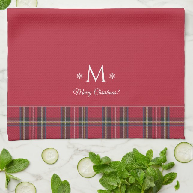 Red Tartan Personalised Monogram Christmas Tea Towel (Folded)