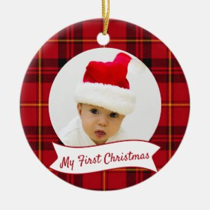 Red Tartan Plaid Baby's First Christmas Photo Ceramic Tree Decoration