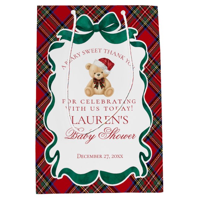 Red Tartan Plaid Christmas Bear Baby Shower Favors Medium Gift Bag (Front)