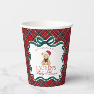 Red Tartan Plaid Christmas Bear Baby Shower Paper Cups