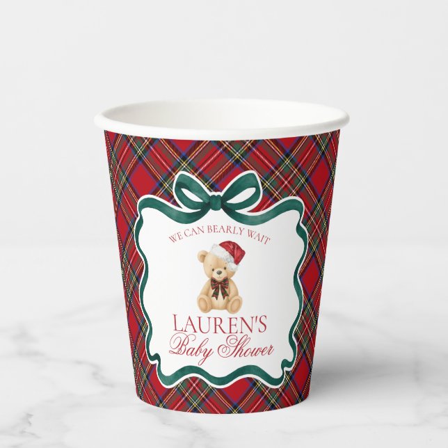 Red Tartan Plaid Christmas Bear Baby Shower Paper Cups (Front)