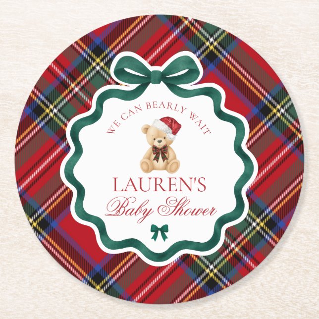 Red Tartan Plaid Christmas Bear Baby Shower  Round Paper Coaster (Front)