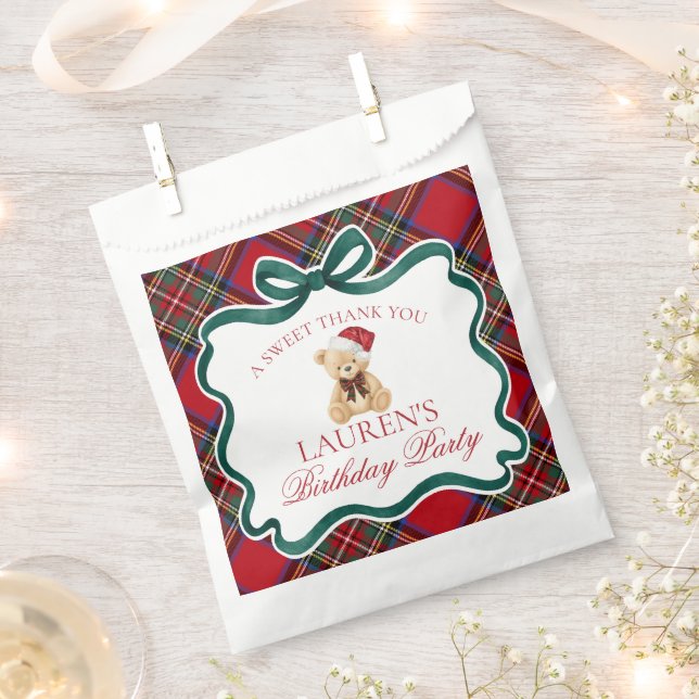Red Tartan Plaid Christmas Bear Birthday Dessert Favour Bags (Clipped)