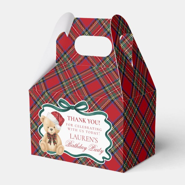 Red Tartan Plaid Christmas Bear Birthday Favor Box (Front Side)