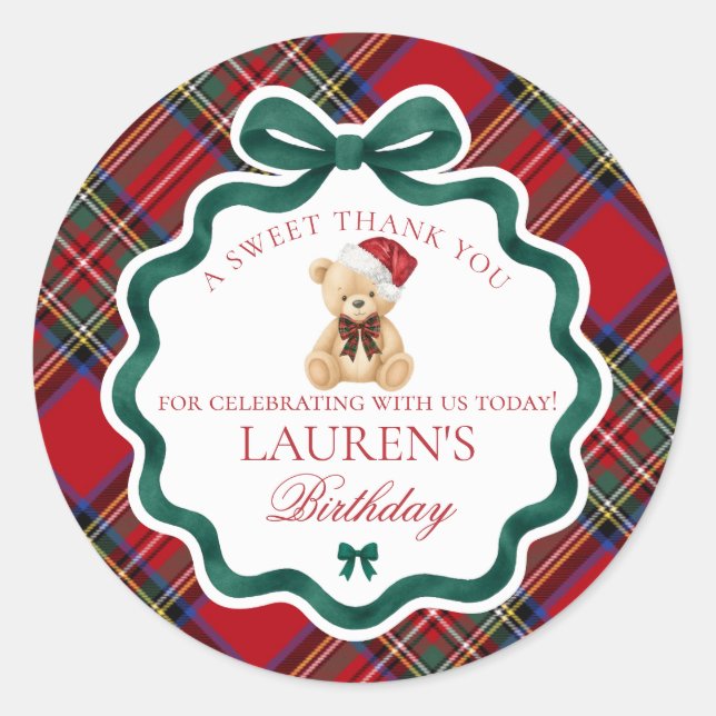 Red Tartan Plaid Christmas Bear Birthday Favor Classic Round Sticker (Front)