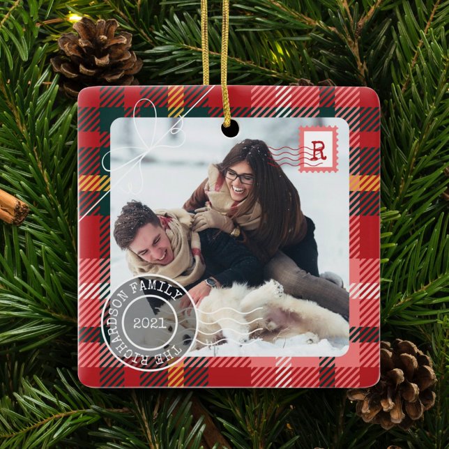 Red Tartan Plaid Delivery Parcel 2 Photo Family Ceramic Ornament (Creator Uploaded)