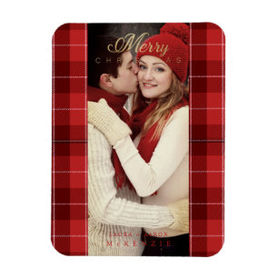 Red Tartan Plaid First Merry Christmas Photo Magnet