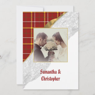 Red tartan plaid lace wedding photo invitation